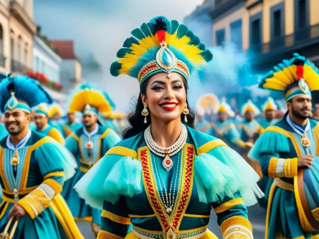 Deslumbrante pintura acuarela del Carnaval Uruguayo Una pintura detallada del vibrante Carnaval Uruguayo, con coloridos bailarines, músicos y espectadores en un desfile festivo