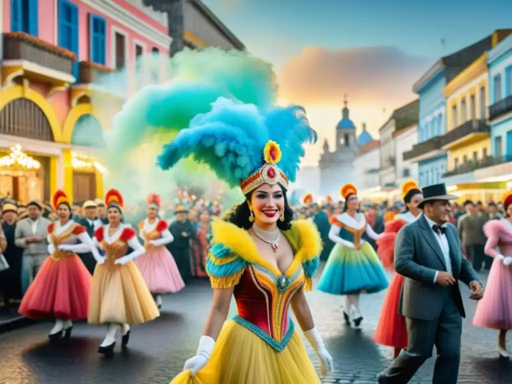 Pintura acuarela detallada del Carnaval en Uruguay años 50 Una pintura acuarela detallada del vibrante Carnaval en Uruguay de los años 50, con bailarines, desfiles y espectadores