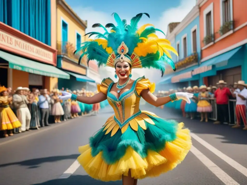Baile y color en el Carnaval Uruguayo Una pintura acuarela detallada del vibrante Carnaval uruguayo