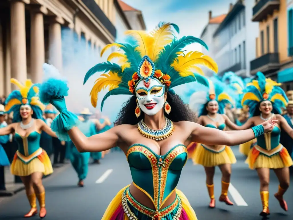 Vibrante Carnaval en Uruguay: una pintura acuarela llena de color y alegría Una pintura acuarela detallada del vibrante Carnaval uruguayo, con influencias europeas y coloridos trajes en las bulliciosas calles de Uruguay