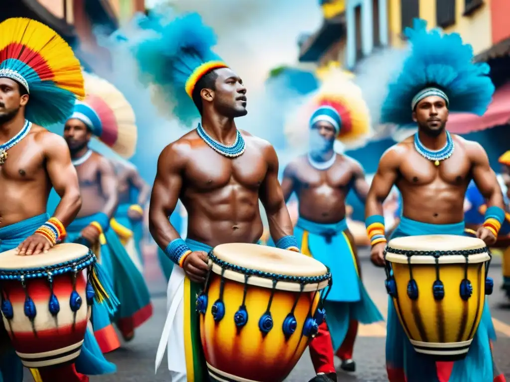 Vibrante círculo de tambores de Candombe en movimiento Pintura acuarela detallada de un vibrante círculo de tambores Candombe en movimiento, capturando el significado visual de la tradición