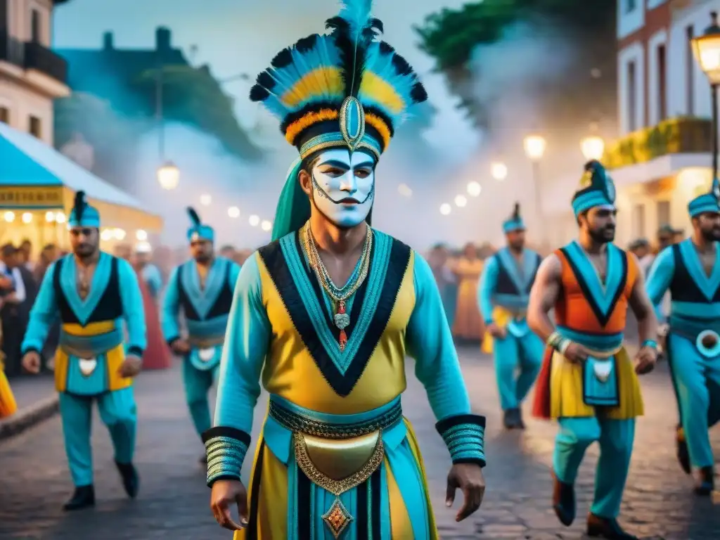 Deslumbrante Carnaval en Uruguay: danzas, música y color Pintura detallada de un vibrante desfile de Carnaval en Uruguay, con impacto ambiental en trajes y música tradicional, bailes y arquitectura histórica