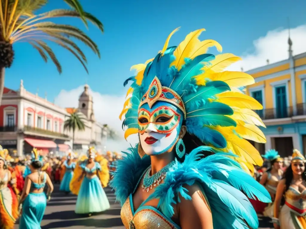 Carnaval uruguayo: acuarela vibrante y festiva Una pintura detallada que muestra un vibrante desfile durante el Carnaval Uruguayo, destacando coloridos trajes y música tradicional