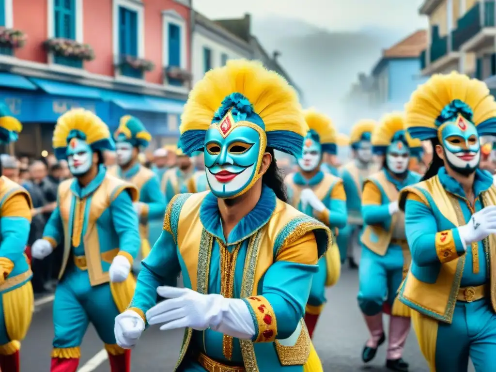 Vibrante desfile de Carnaval en Uruguay: detalle acuarela Una pintura detallada que muestra el vibrante desfile de carnaval en Uruguay, con trajes coloridos y música festiva