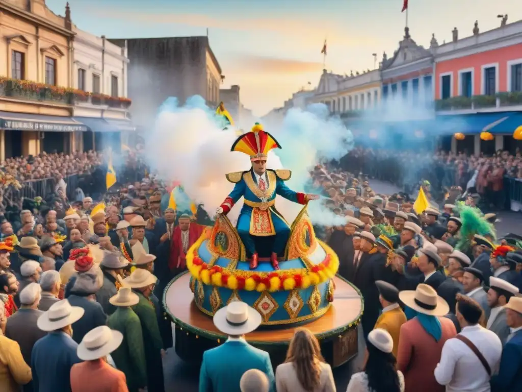 Pintura acuarela detallada del Carnaval Uruguayo Una pintura detallada que muestra un vibrante desfile durante el Carnaval Uruguayo, con trajes tradicionales y conexiones duraderas