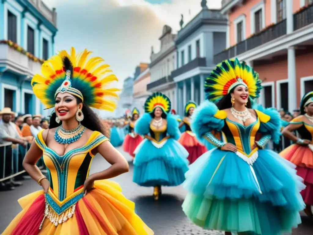 Fiesta de Carnaval en Uruguay: Detalles vibrantes y coloridos Una pintura detallada de un vibrante desfile de Carnaval en Uruguay, fusionando colores, bailes y música