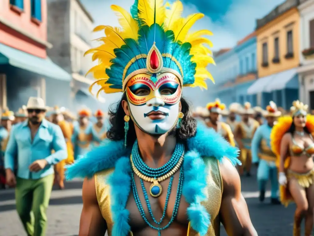Pintura acuarela del Carnaval en Uruguay Pintura detallada del vibrante desfile de Carnaval en Uruguay, con disfraces coloridos y música alegre