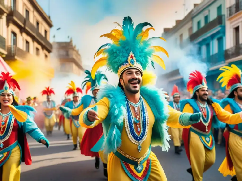 Deslumbrante carnaval uruguayo: color y alegría Una pintura acuarela detallada del vibrante desfile de Carnaval en Uruguay, mostrando carros alegóricos, bailarines y público emocionado