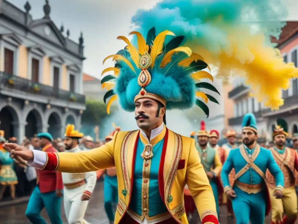 Deslumbrante Carnaval en Uruguay: colorida celebración multicultural Una pintura acuarela detallada del vibrante desfile de Carnaval en Uruguay, celebrando la diversidad cultural con trajes elaborados y floats coloridos