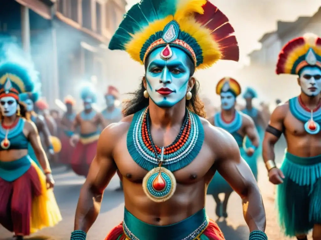 Vibrante murga uruguaya: detalle acuarela Una pintura acuarela detallada de una vibrante murga uruguaya, con trajes coloridos, tambores y bailes alegres en las calles