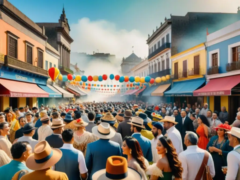 Pintura acuarela del Carnaval Uruguayo: escena vibrante y detallada Una pintura detallada que captura la vida en el Carnaval Uruguayo, reflejando los desafíos socioeconómicos