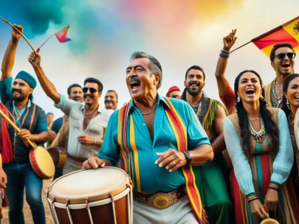 Alfredo Zitarrosa y la murga: pasión y tradición Pintura detallada acuarela de Alfredo Zitarrosa rodeado de vibrante murga uruguaya