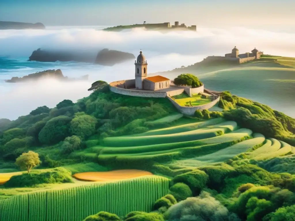 Paisaje uruguayo: conservación y herencia en acuarela Pintura acuarela de Uruguay con naturaleza exuberante y patrimonio cultural, simbolizando la conservación del patrimonio cultural uruguayo