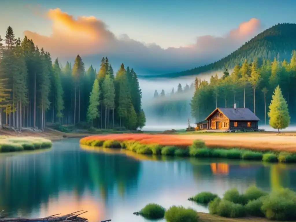 Acogedora cabaña rural entre pinos al atardecer Pintura acuarela de cabaña rural entre pinos y río, reflejando atardecer