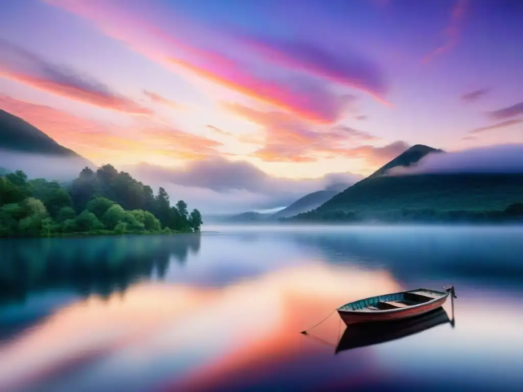 Tranquilo lago al atardecer: pintura acuarela Pintura tranquila de un lago al atardecer reflejando tonos rosados, morados y naranjas, con un bote solitario deslizándose suavemente en el agua