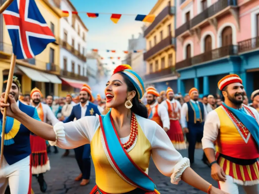 Vibrante murga uruguaya: coloridos trajes, música y baile Una pintura acuarela vibrante de una animada murga en Uruguay