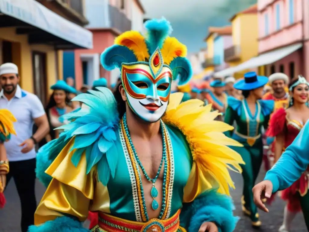 Deslumbrante desfile de Carnaval en Uruguay Una pintura acuarela vibrante de bailarines en el Carnaval Uruguayo, con colores y alegría