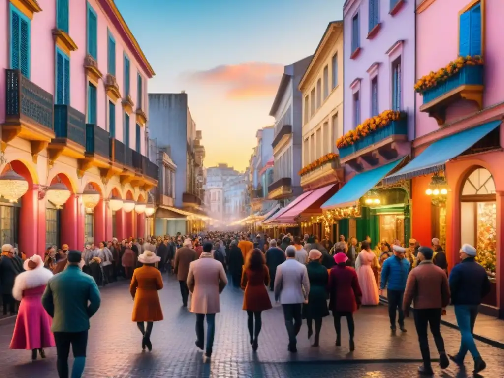 Colorido Carnaval en Montevideo: Baile y Tradición Una pintura acuarela vibrante de un bullicioso carnaval en Montevideo, Uruguay