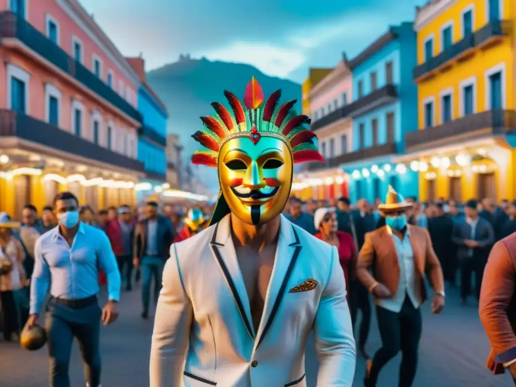 Carnaval en Uruguay: Fiesta colorida y alegre Una pintura acuarela vibrante de un bullicioso carnaval en Uruguay con máscaras coloridas y bailarines alegres