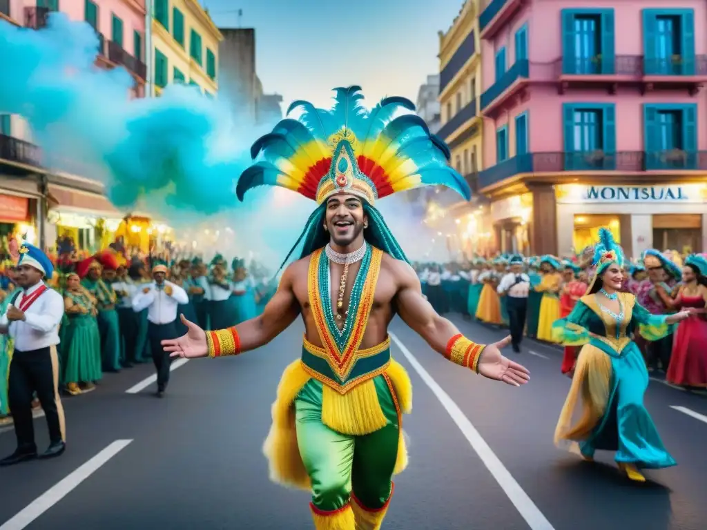 Deslumbrante Carnaval en Montevideo: Baile, Color y Energía Una pintura acuarela vibrante del Carnaval en Montevideo, con desfile de colores y alegría