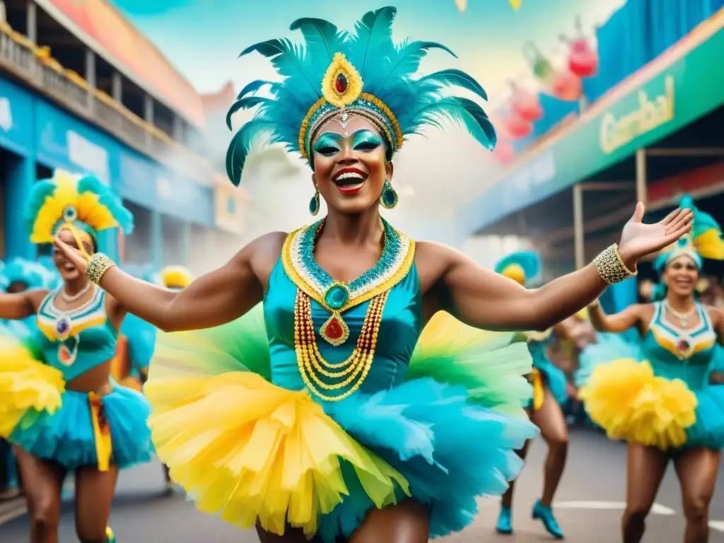 Deslumbrante Carnaval en Brasil: Baile, Color y Samba Una pintura acuarela vibrante del Carnaval de Brasil con desfile colorido y energético, influencia del Carnaval de Brasil