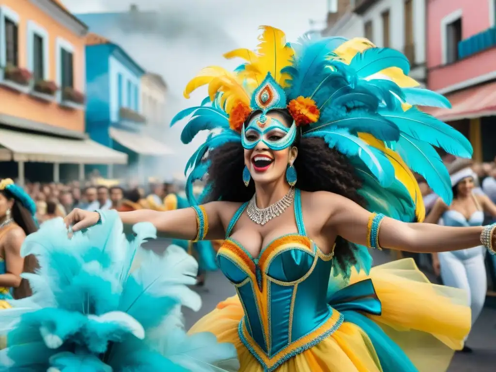 Colorido carnaval uruguayo: danzas, disfraces y alegría Una pintura acuarela vibrante del Carnaval en Uruguay, con desfiles coloridos, bailarines y espectadores