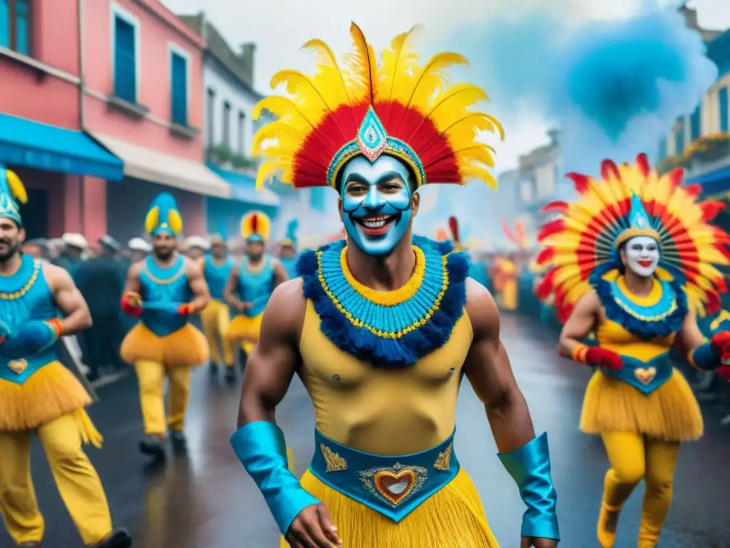Carnaval en Uruguay: Explosión de color y alegría Una pintura acuarela vibrante del Carnaval en Uruguay, con desfiles, trajes coloridos y bailarines alegres al ritmo de la música tradicional