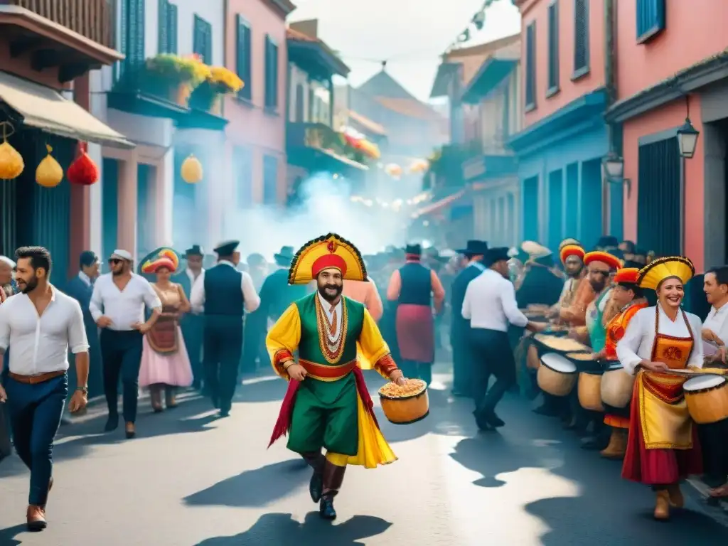 Carnaval en Uruguay: Escena callejera llena de color y alegría Pintura acuarela vibrante de Carnaval en Uruguay con platos icónicos y ambiente festivo