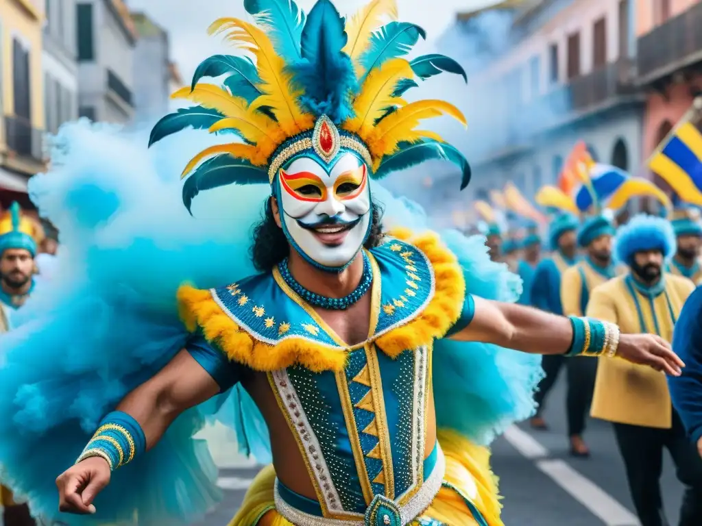 Una pintura acuarela vibrante del Carnaval en Uruguay, con trajes coloridos, máscaras intrincadas y bailarines energéticos