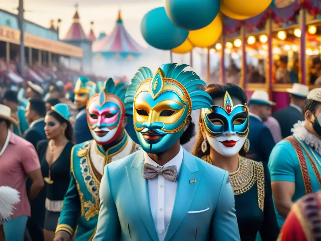 Vibrante pintura acuarela de Carnaval en Uruguay Pintura acuarela vibrante del Carnaval Uruguayo, con máscaras coloridas y sombras intrigantes