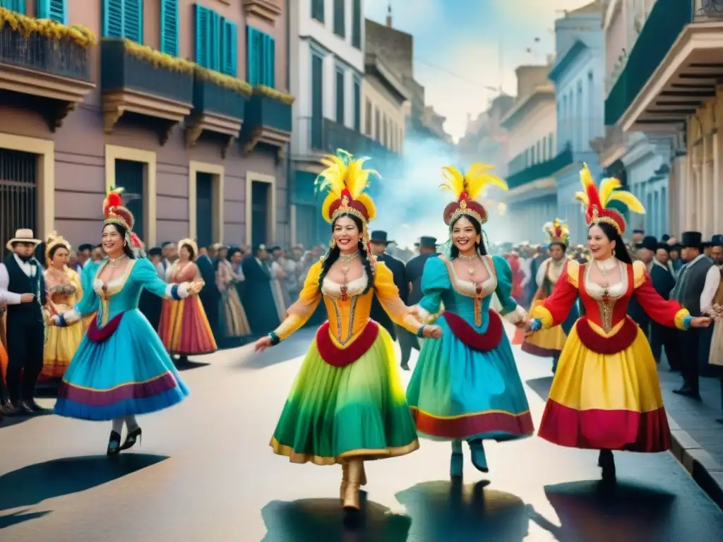 Fiesta de Carnaval en Montevideo, siglo XIX Pintura acuarela vibrante de Carnaval Uruguayo del siglo XIX