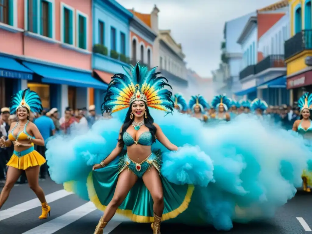 Escena vibrante del Carnaval Uruguayo Una pintura acuarela vibrante del Carnaval Uruguayo, con deslumbrantes carrozas, bailarines y espectadores entusiastas, capturando la energía festiva y el impacto económico del evento