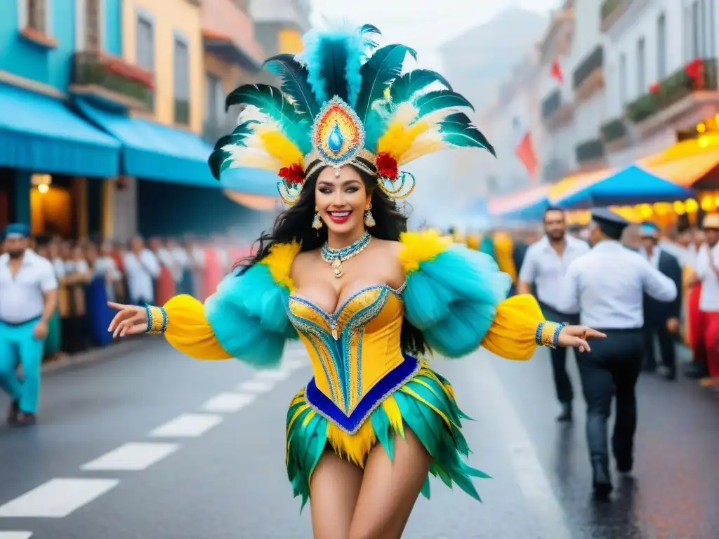 Carnaval Uruguayo: vibrante pintura acuarela de la calle en fiesta Una pintura acuarela vibrante del Carnaval Uruguayo, con colores y energía, Conservación digital del Carnaval Uruguayo