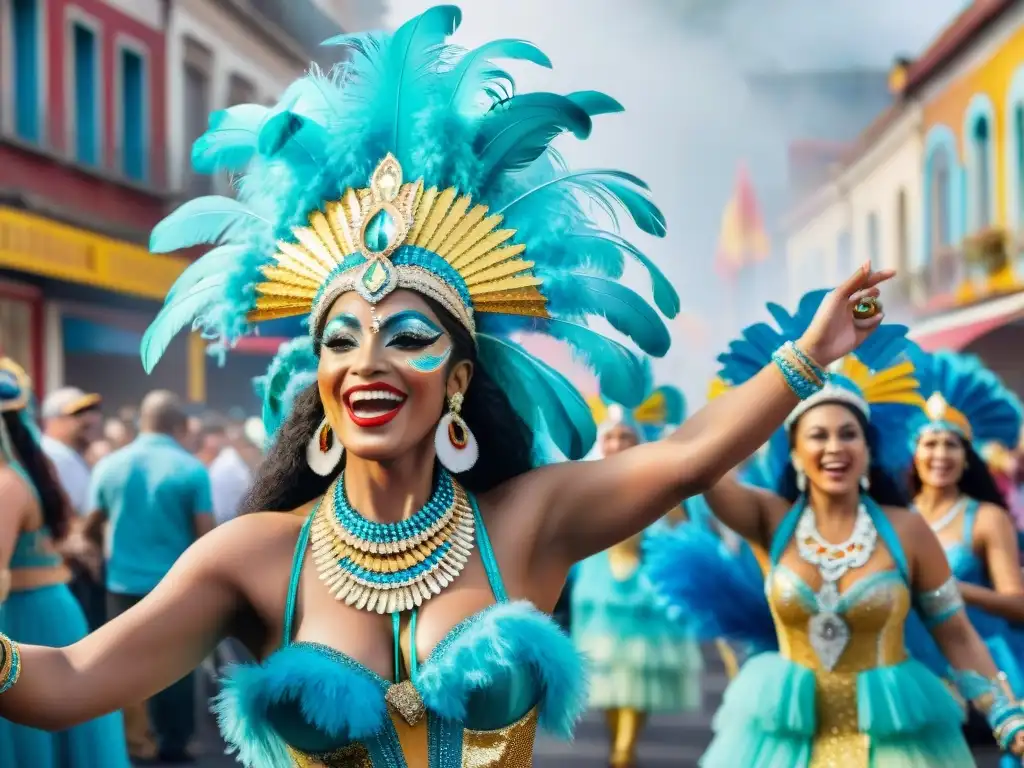 Colorido Carnaval Uruguayo: Baile y Alegría en las Calles Una pintura acuarela vibrante del Carnaval Uruguayo, destacando la alegría y resiliencia de la comunidad durante la festividad