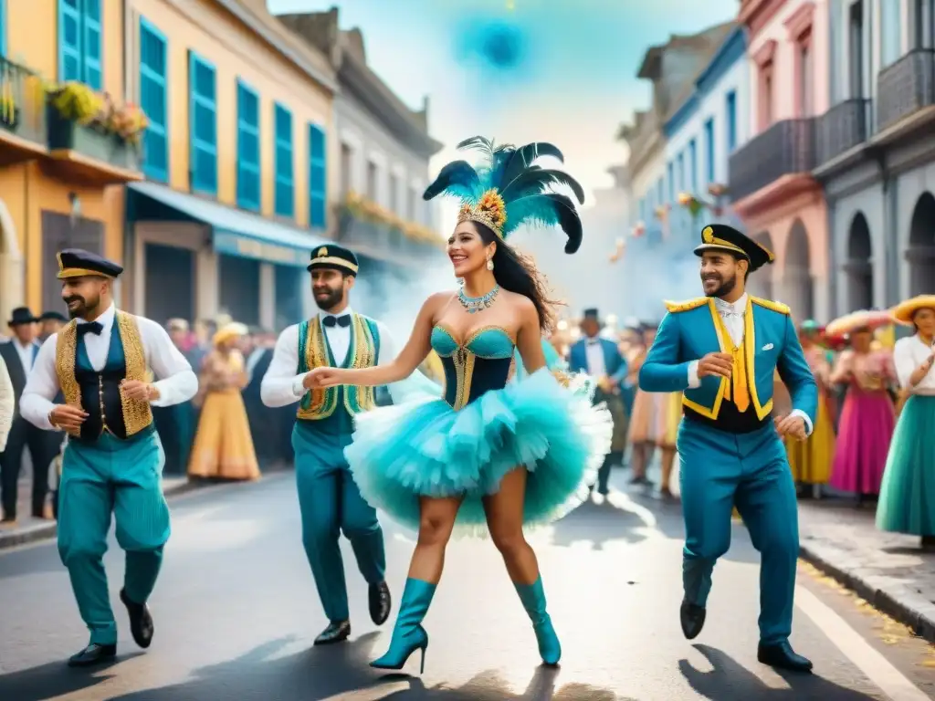Carnaval de Uruguay: pintura acuarela de una bulliciosa calle Pintura acuarela vibrante de Carnaval en Uruguay