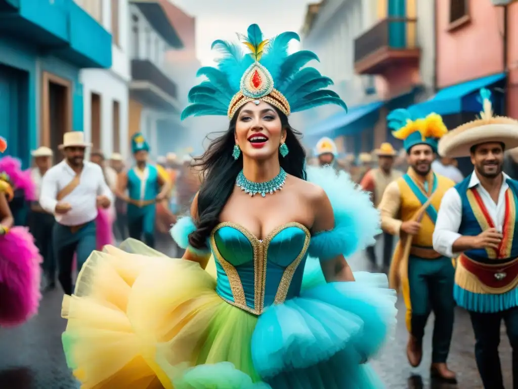 Comparsas de Carnaval en Uruguay: Color y alegría callejera Pintura acuarela vibrante de comparsas en Carnaval Uruguayo, reflejando la historia y energía festiva
