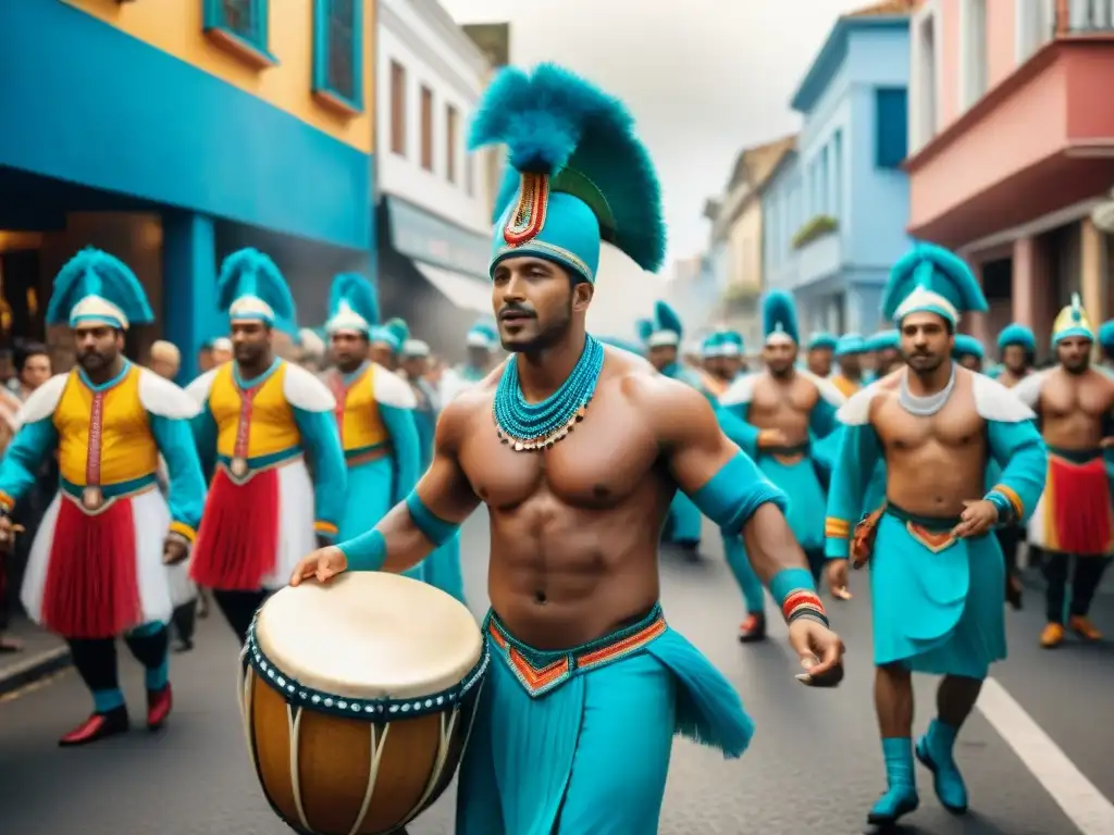 Desfile de Candombe en Uruguay: vibrante pintura acuarela Pintura acuarela de un vibrante desfile de Candombe en Uruguay, destacando la sostenibilidad en el Carnaval Uruguayo