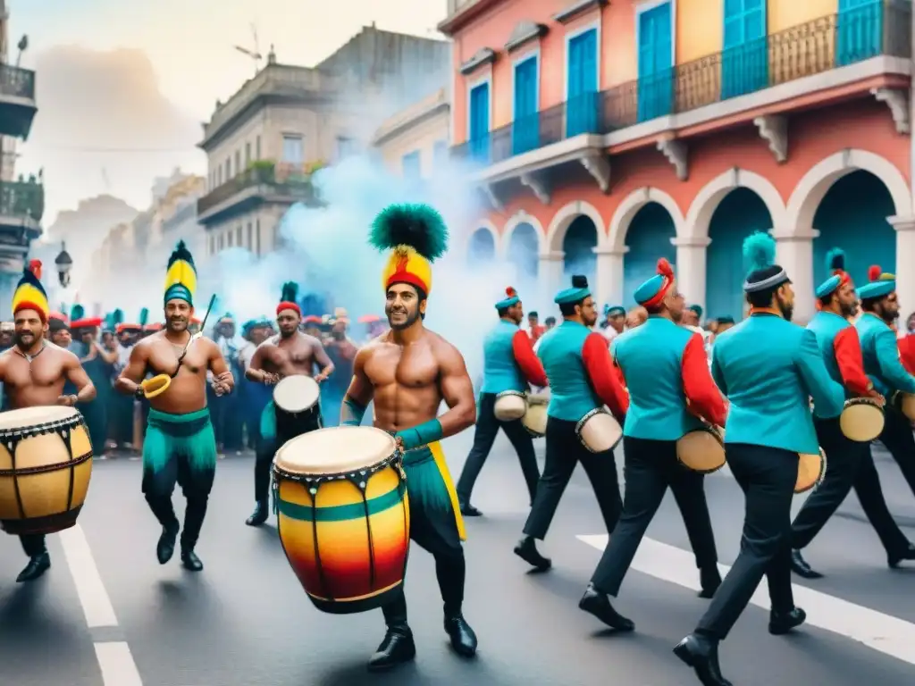 Desfile de Candombe en Montevideo: Vibrante acuarela Pintura acuarela de un vibrante desfile de Candombe en Montevideo, Uruguay, con tambores, danzas y edificios coloniales al fondo