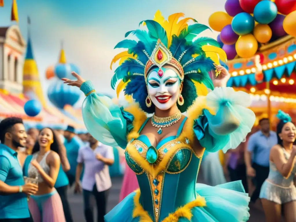 Fiesta de Carnaval: Alegría y Colorido Una pintura acuarela vibrante capturando la esencia del Carnaval con desfiles coloridos, bailarines, músicos y espectadores animados