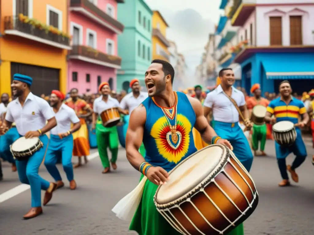 Desfile vibrante de músicos de Candombe en la calle Una pintura acuarela vibrante de músicos diversos tocando tambores Candombe en desfile callejero
