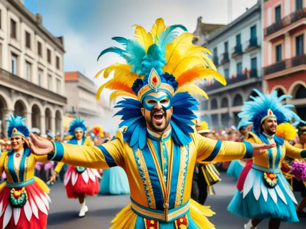 Deslumbrante Carnaval en Uruguay: colorida celebración en acuarela Pinturas Carnaval Uruguayo Serafín García: Detallada acuarela del vibrante desfile en Uruguay, con coloridas carrozas y bailarines