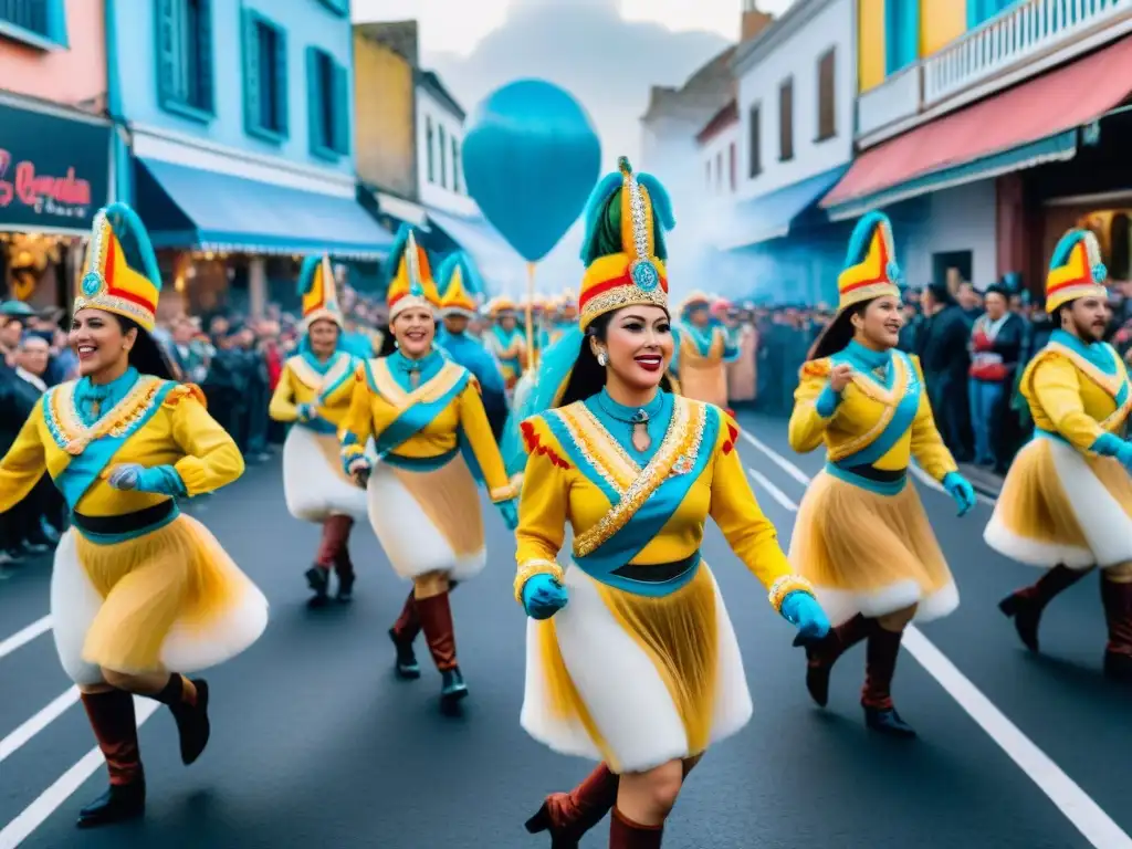 Platos típicos Carnaval Uruguayo: Desfile vibrante con floats coloridos, bailarines y comida callejera emocionante