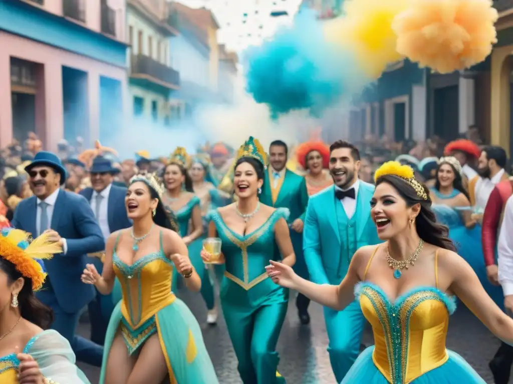 Platos típicos Carnaval Uruguayo: Desfile colorido en las calles, con carrozas, bailarines y espectadores animados