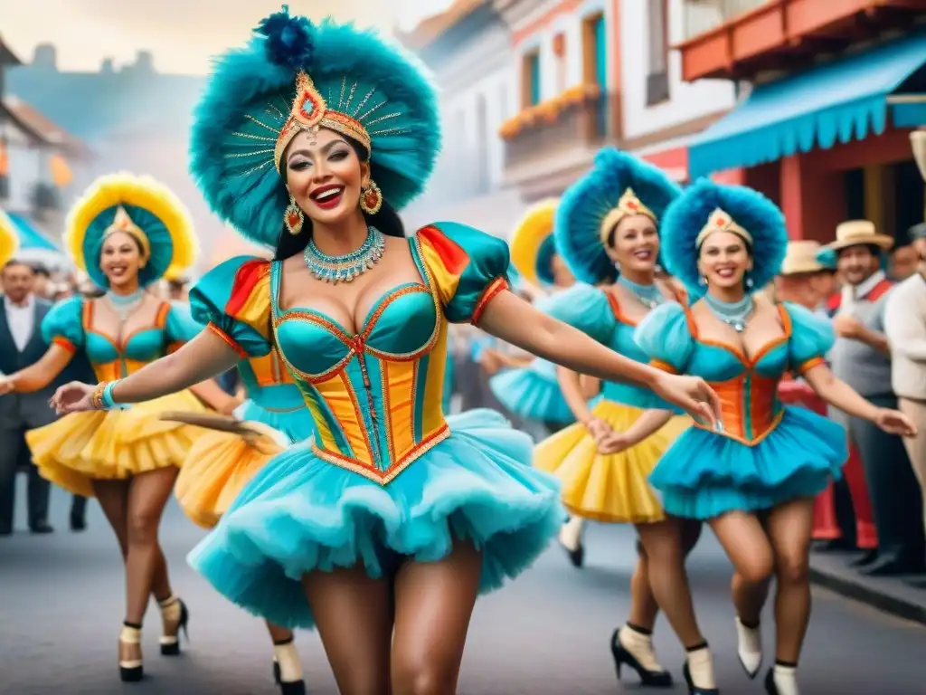Baile festivo: Coloridos bailarines de carnaval uruguayos en acción Podcasts historias Carnaval Uruguayo: Grupo de coloridos bailarines de carnaval en trajes tradicionales, danzando con energía y emoción