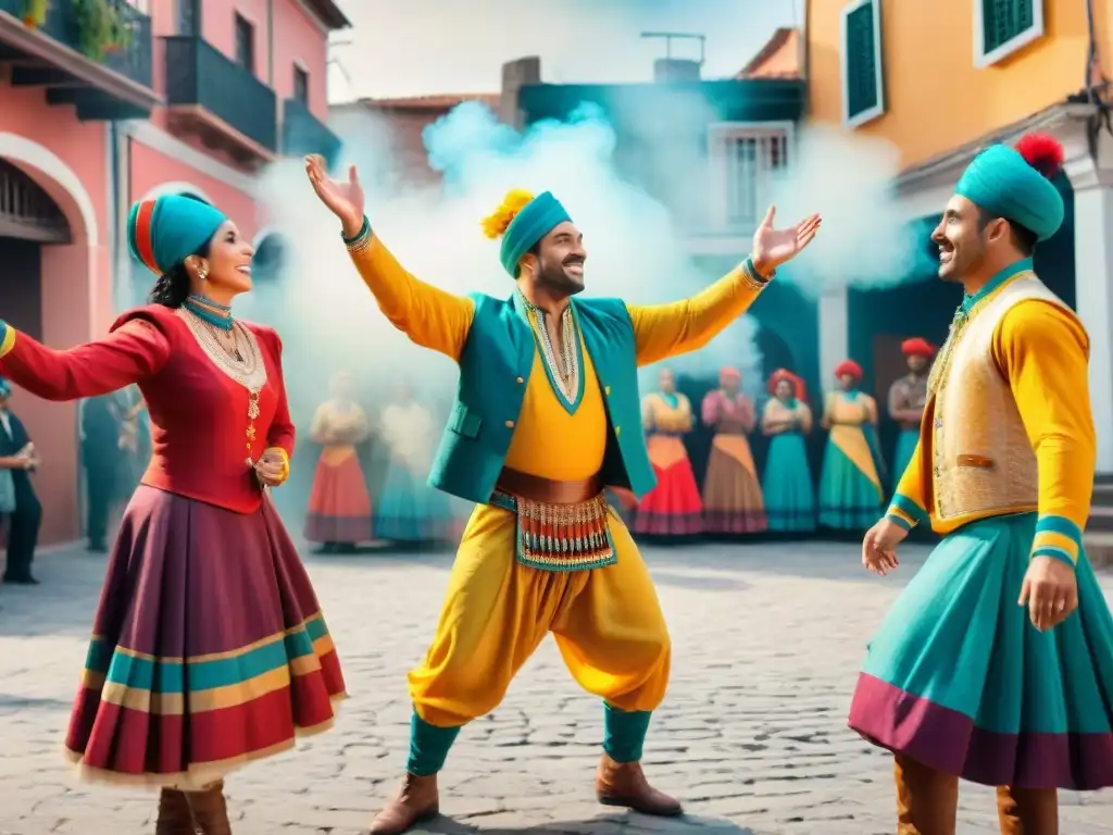 Grupo de murgas ensayando con entusiasmo y creatividad Preparación de actos murgas Uruguay: Grupo de murgas ensayando juntas con entusiasmo y creatividad en colorida ilustración acuarela