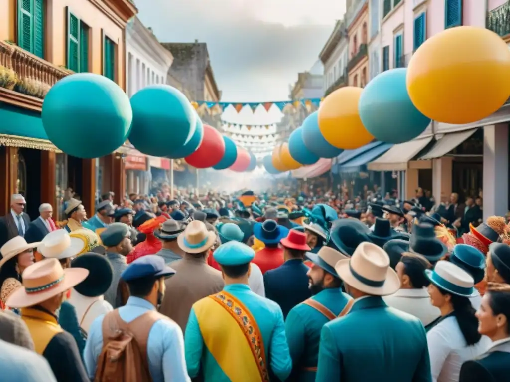 Colorido desfile de Carnaval en Uruguay Preparación del Carnaval Uruguayo: Detallada ilustración acuarela de una bulliciosa calle uruguaya con coloridos desfiles y espectadores animados