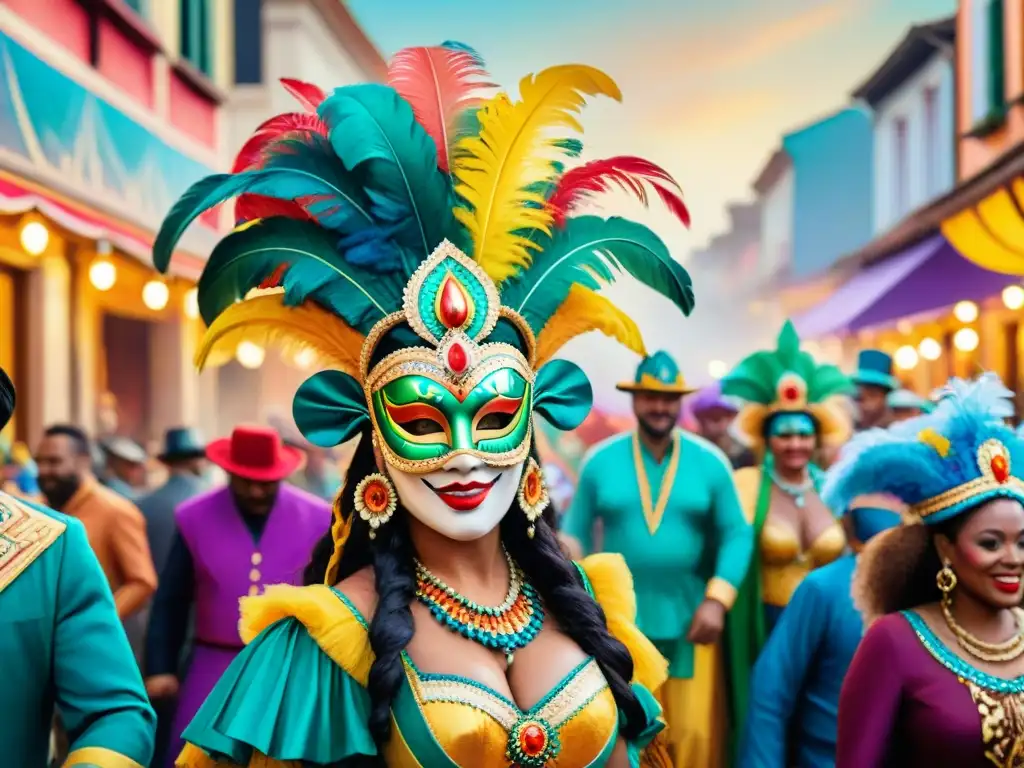 Calle de Carnaval: vibrante fiesta con disfraces y música Preparación de disfraces para Carnaval: Una animada calle llena de gente en trajes coloridos y máscaras en un Carnaval vibrante