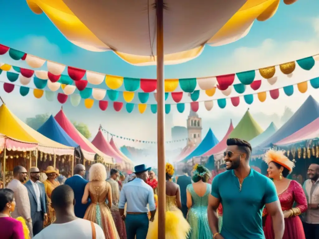 Mercado vibrante: prueba y elige tu disfraz de carnaval Preparación de disfraces para Carnaval en un bullicioso mercado lleno de telas, plumas y lentejuelas, con gente emocionada probándolos