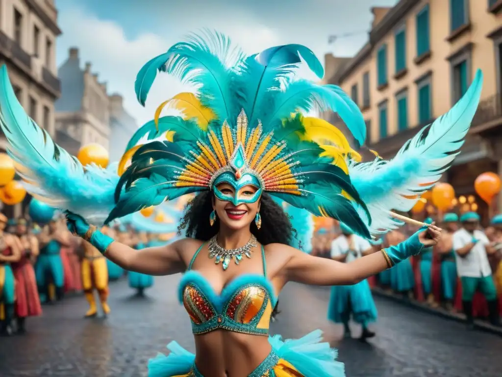 Carnaval uruguayo: danza y color en las calles históricas Preparación de disfraces para Carnaval: Desfile colorido con carrozas, música, baile y espectadores felices en las calles de Uruguay