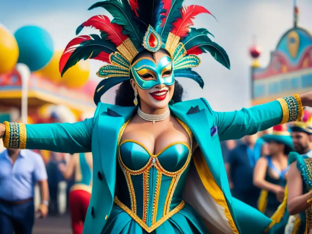 Deslumbrante carnaval con coloridos artistas y danzas Preparación de show carnavalero: Bailarines en trajes y máscaras coloridas danzan alegremente en una carroza rodeada de espectadores emocionados
